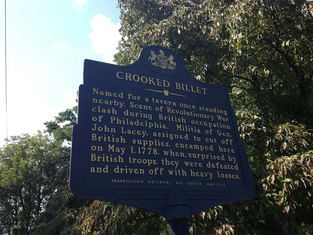 A Pennsylvania historical marker for the Battle of Crooked Billet located in front of Crooked Billet Elementary School in Hatboro