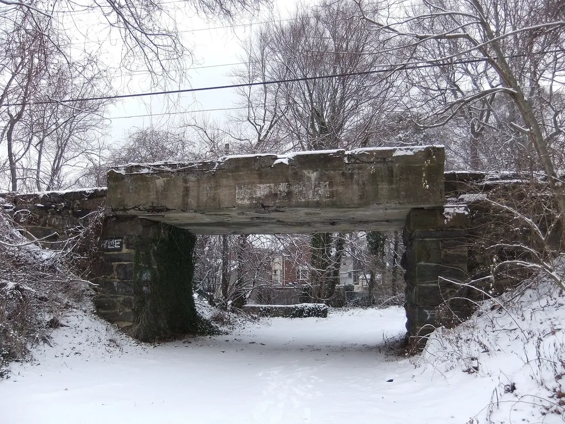 A small bridge over Concord Road in Haverford, Pennsylvania on the right-of-way of the Pennsylvania Railroad's Newtown Square Branch.
