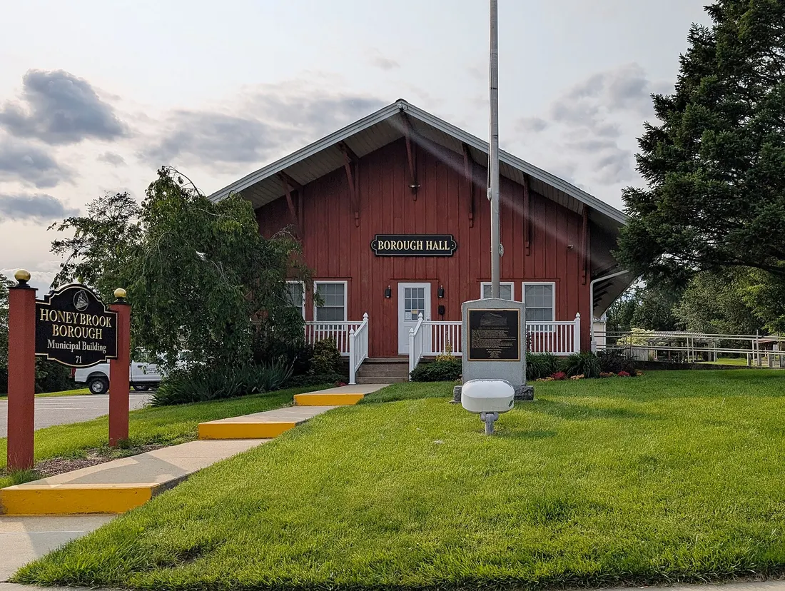 Photo of the Honey Brook, Pennsylvania Municipal Building / Borough Hall. Photo taken from Pennsylvania Route 10 (Pequea Avenue) looking northwest.