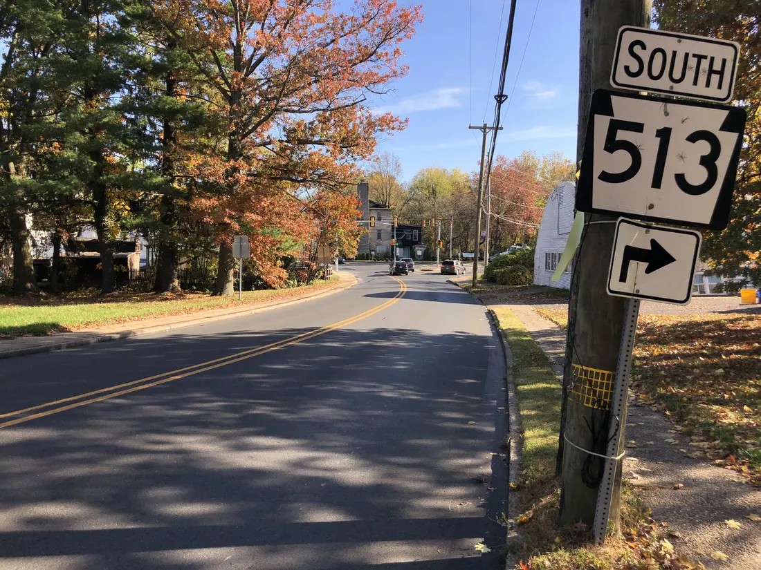 View south along Pennsylvania State Route 513 (Bellevue Avenue) just north of Trenton Avenue in Hulmeville, Bucks County, Pennsylvania