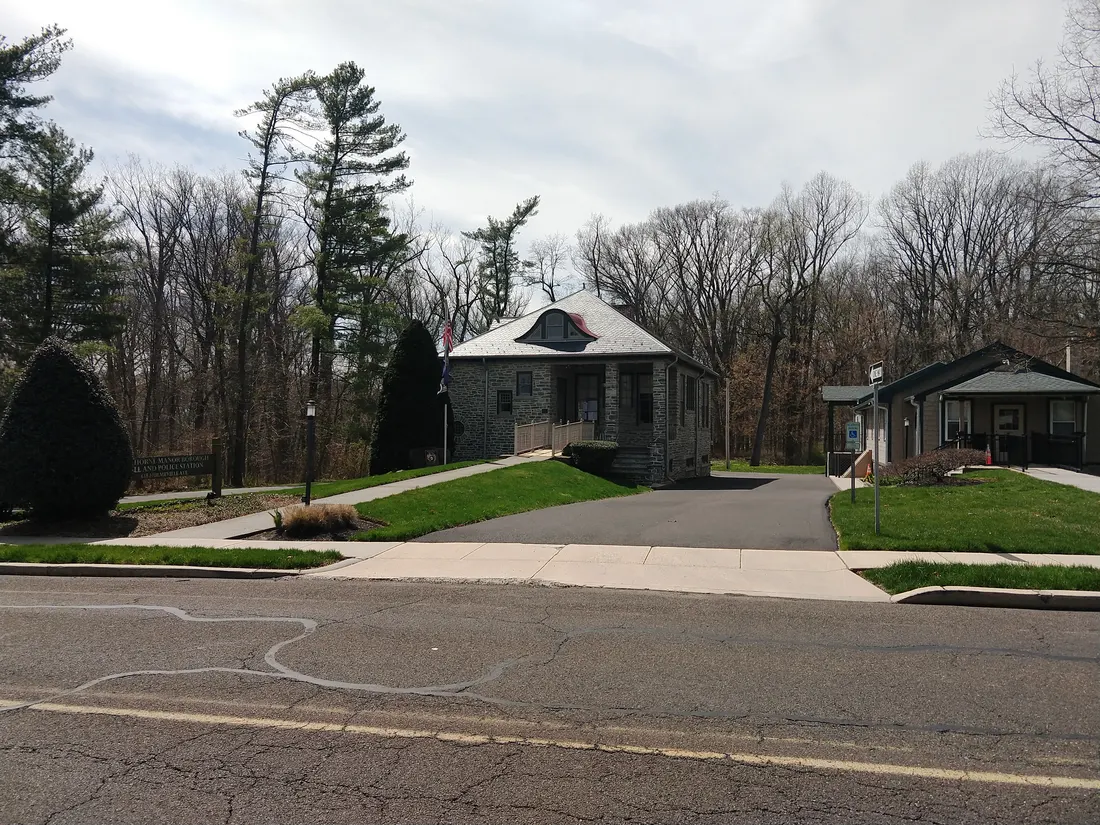Photo of the Langhorne Manor, Pennsylvania borough hall front. Photo taken from Hulmeville Avenue looking west-southwest.