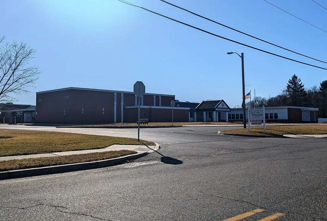 Photo of the Logan Township Municipal Building in the community of Bridgeport within Logan Township, New Jersey. Photo taken from Main Street looking southwest.