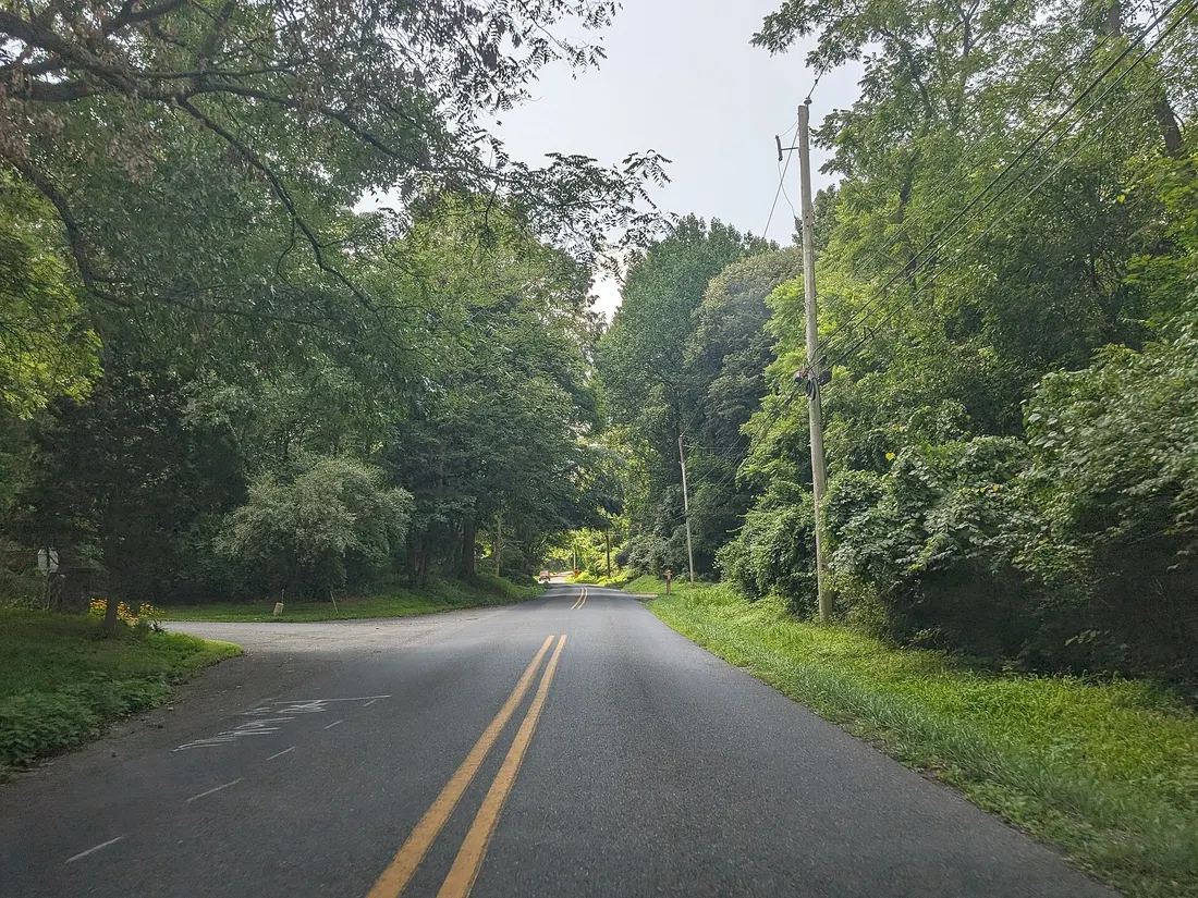 Photo of westbound Good Hope Road in London Britain Township, Pennsylvania. Photo taken looking west-southwest between Spitfire House Lane and Ridgewood Drive.