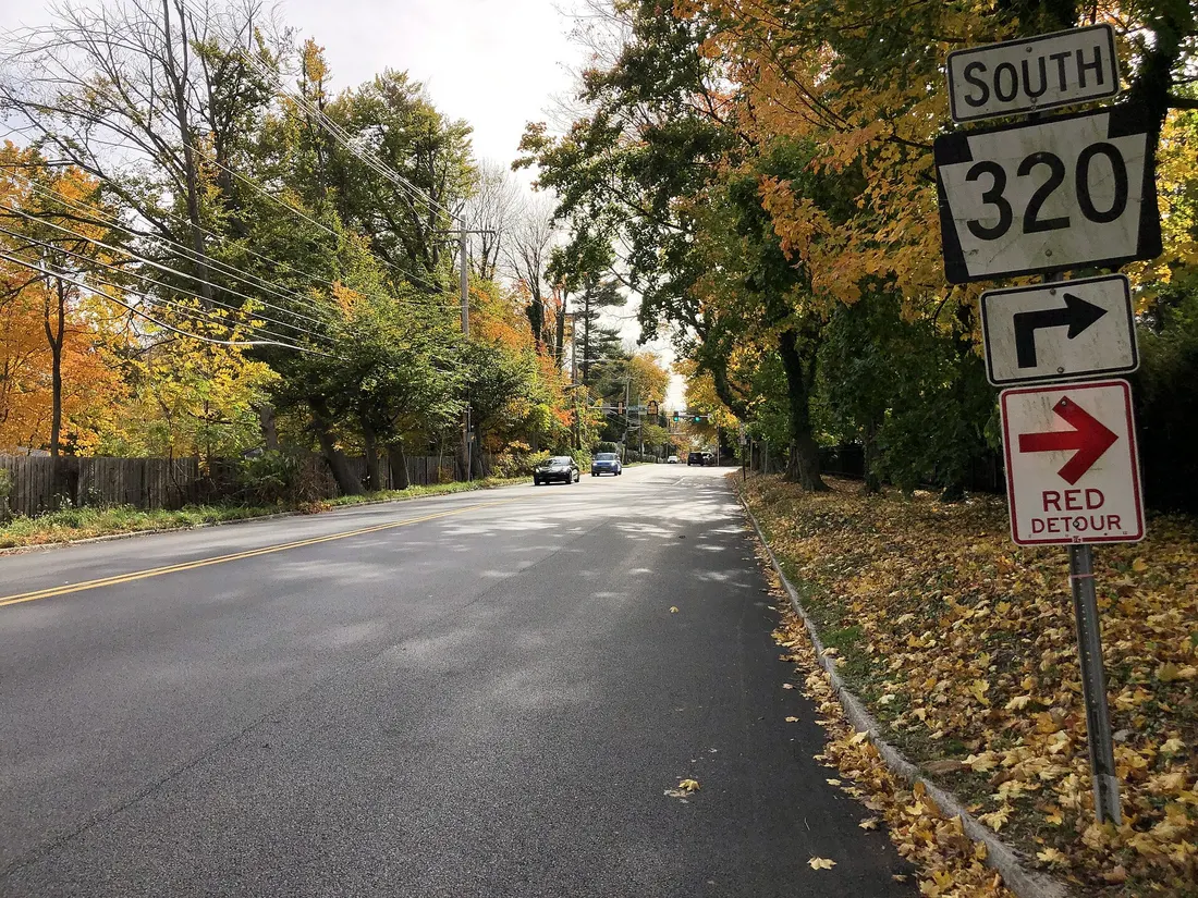 View south along Pennsylvania State Route 320 (Montgomery Avenue) just north of Spring Mill Road in Lower Merion Township, Montgomery County, Pennsylvania