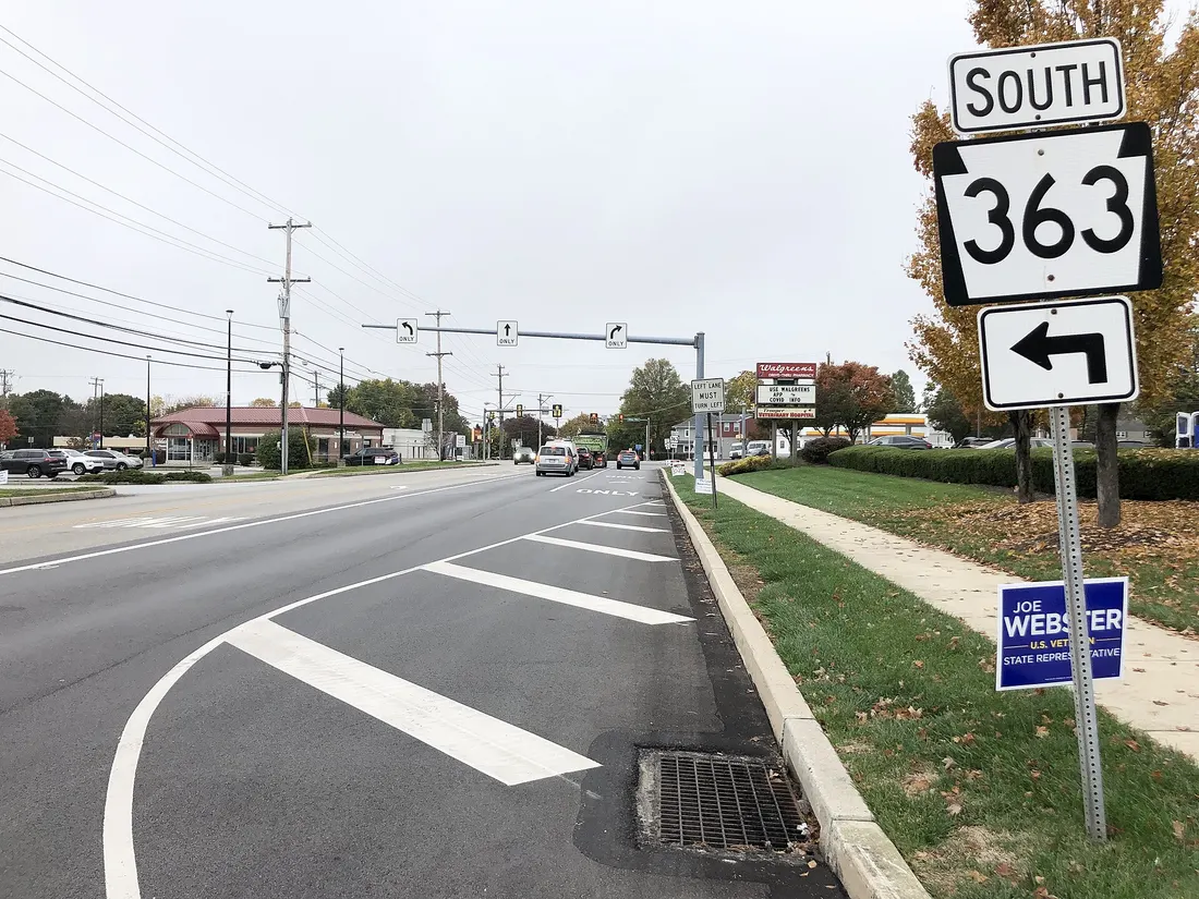 View south along Pennsylvania State Route 363 (Park Avenue) just north of Ridge Pike in Lower Providence Township, Montgomery County, Pennsylvania