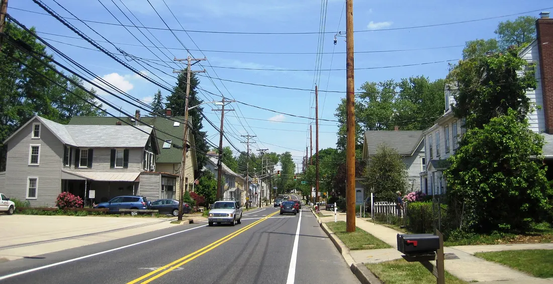 Photo of the center of Lumberton Township, New Jersey. Photo taken on northbound County Route 541 (Main Street) approaching Landing Road (CR 641).