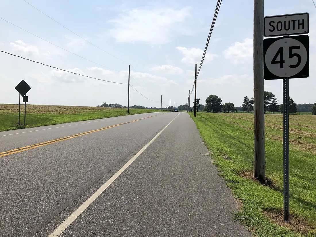 View south along New Jersey State Route 45 (Salem-Woodstown Road) just south of Salem County Route 653 (Acton Station Road) in Mannington Township, Salem County, New Jersey