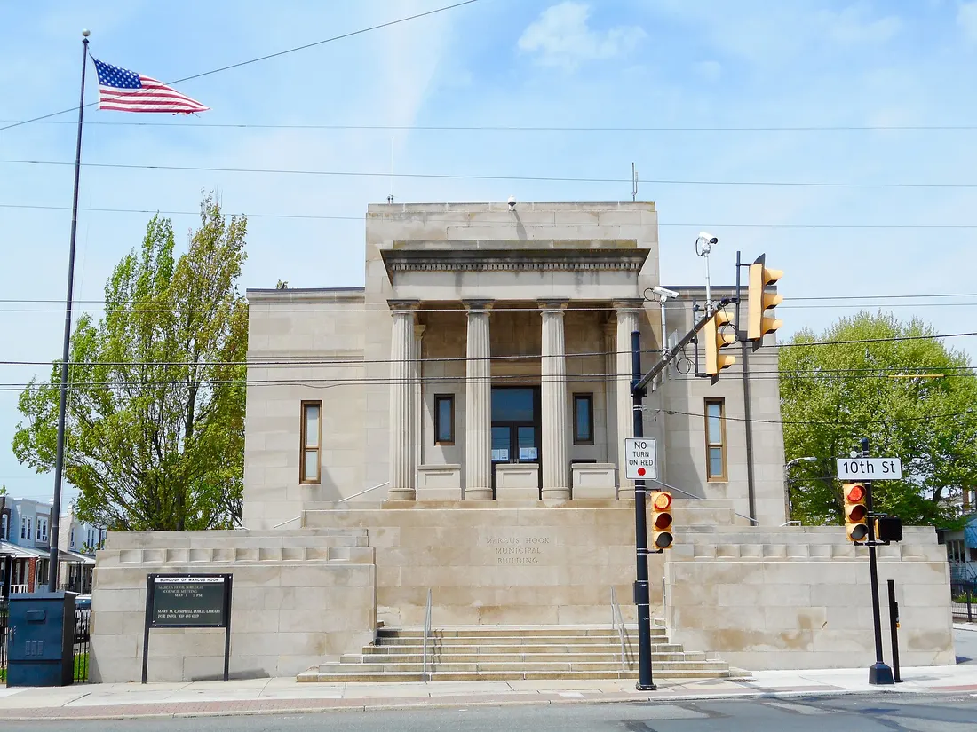 Borough Hall on 10th Street in Marcus Hook, Pennsylvania. Also houses the local public library