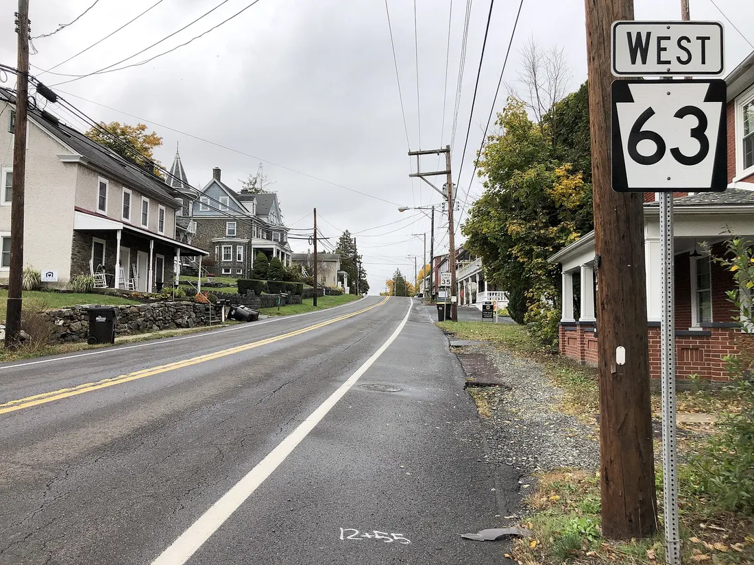 View west along Pennsylvania State Route 63 (Main Street) just west of Geryville Pike in Marlborough Township, Montgomery County, Pennsylvania