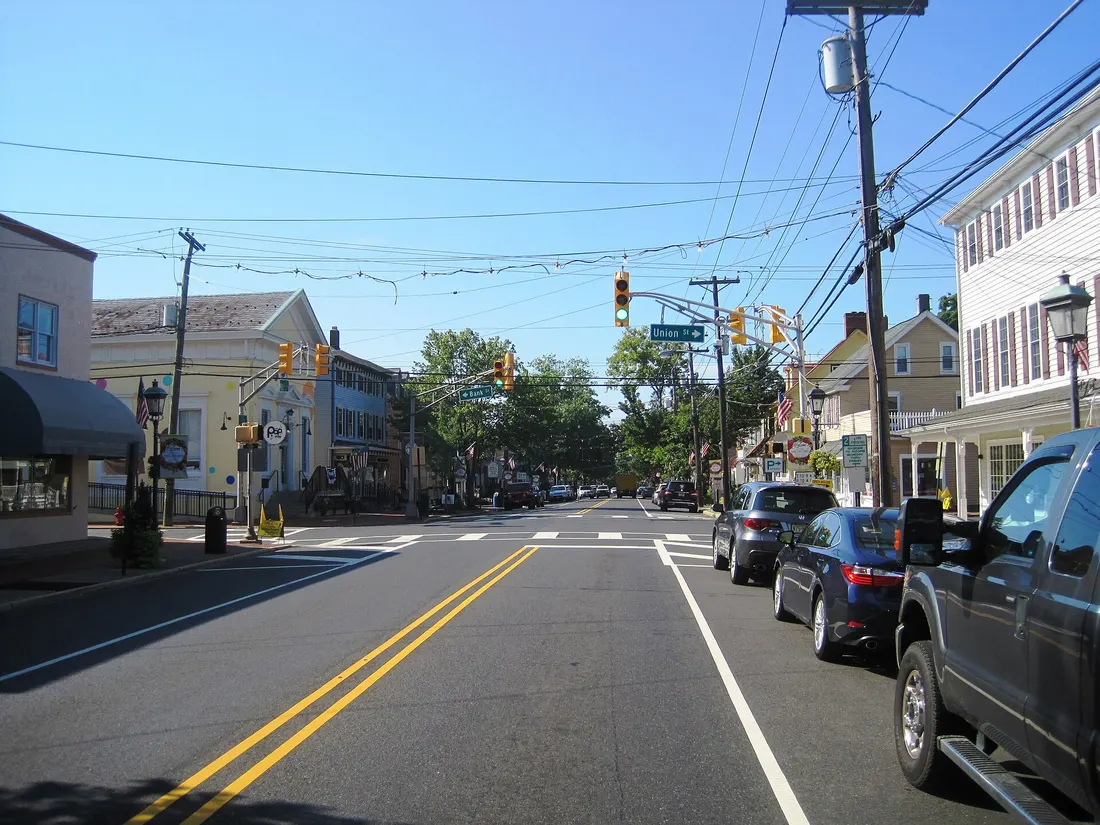 Photo showing downtown Medford, New Jersey. Photo taken along southbound Main Street (County Route 541) approaching Bank Street.
