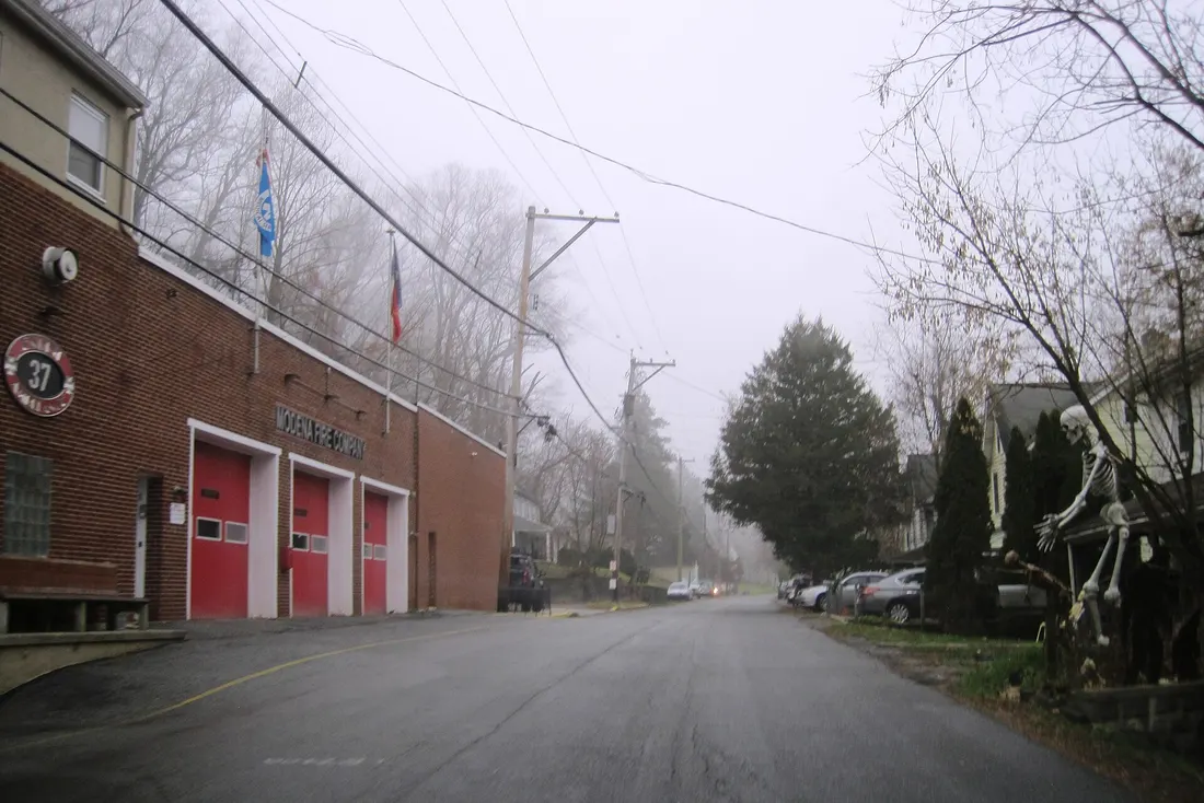 Photo of northbound Brandywine Avenue in Modena, Pennsylvania in front of the Modena Fire Company. Photo taken looking west-northwest between Union Street and Lloyd Street.