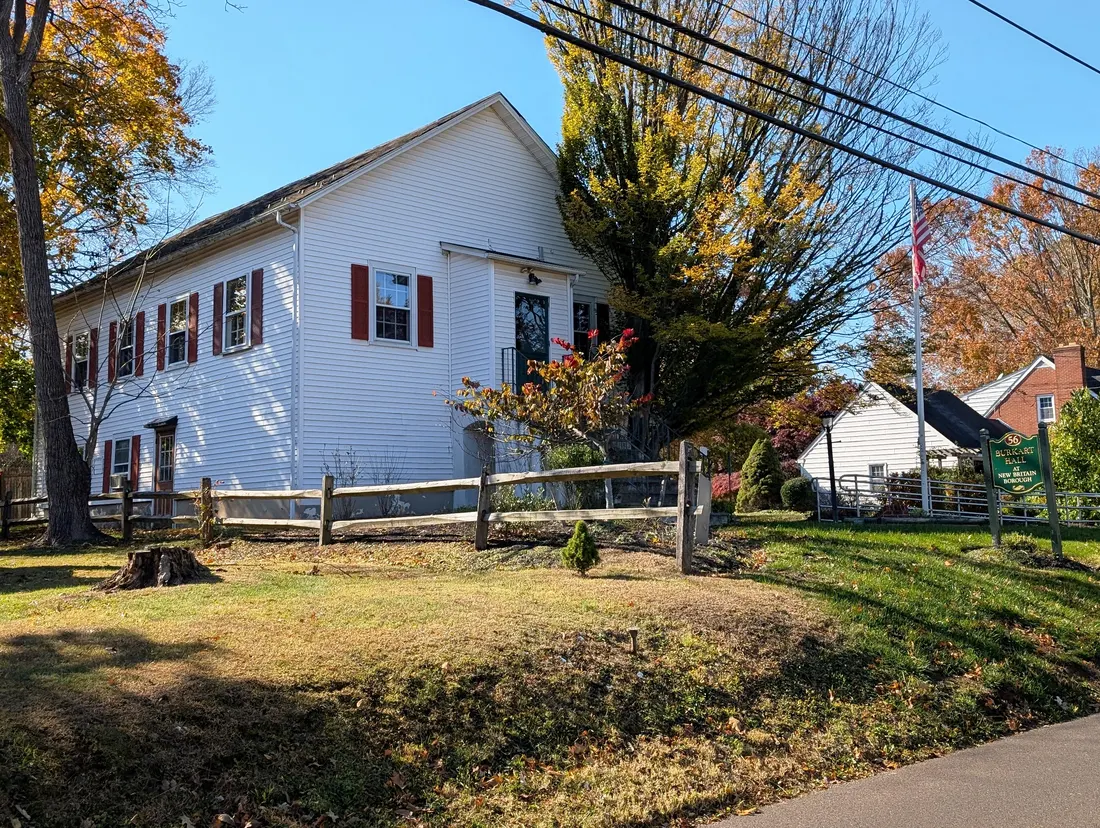 Photo of Burkart Hall in New Britain, Pennsylvania. The building is occasionally used for borough council meetings and is owned by the borough. Photo taken from Keeley Avenue looking west.