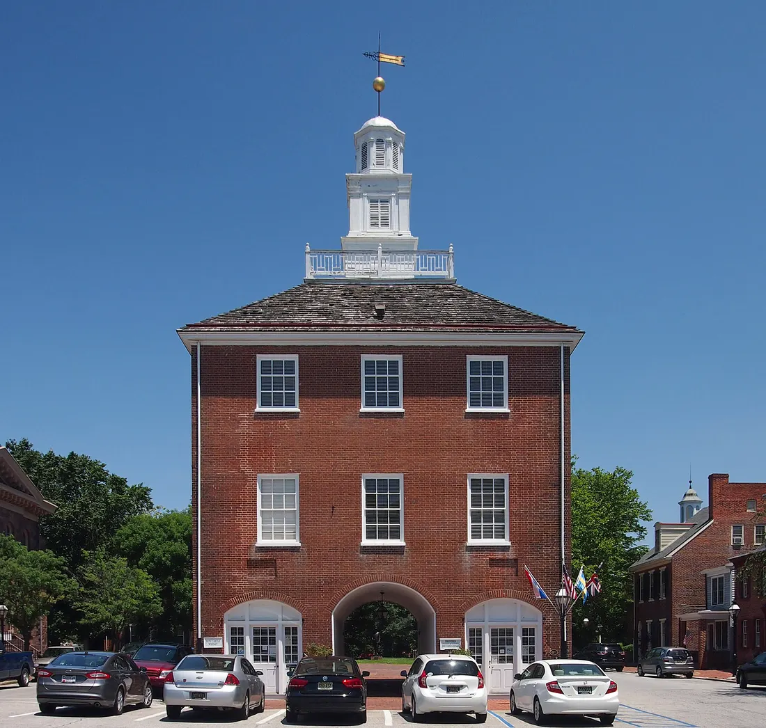 Old Town Hall, 201 Delaware St, New Castle, Delaware, USA. Viewed from the southwest. A contributing property to the New Castle Historic District.