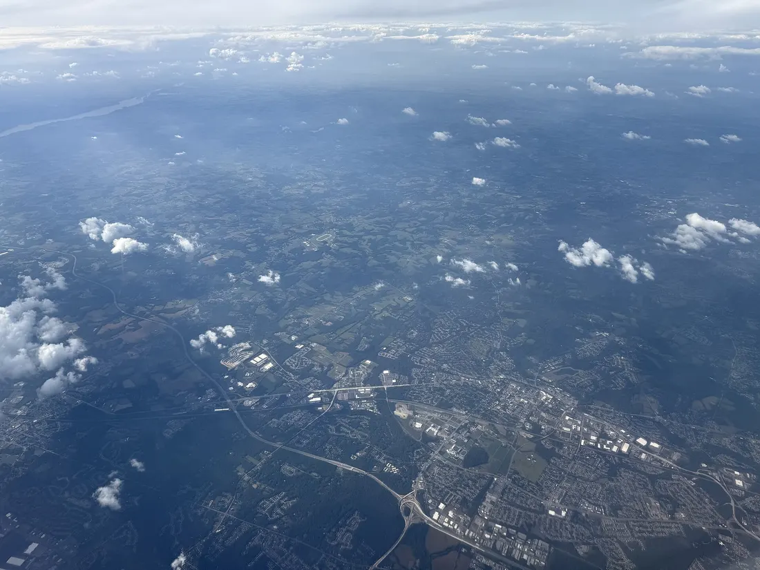 Aerial view centered on the border of Newark, New Castle County, Delaware and Cecil County, Maryland from an aircraft heading for Newark Liberty International Airport