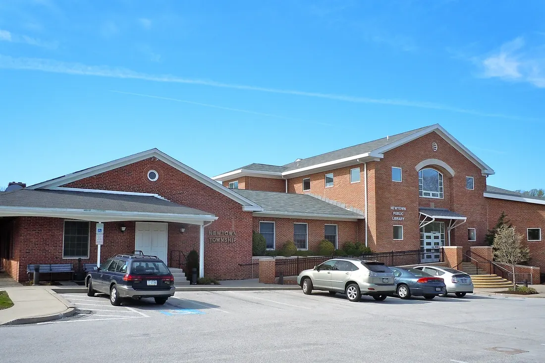 The township municipal offices and library in Newtown Township (aka Newtown Square), Delaware County, Pennsylvania on Bishop Hollow Road