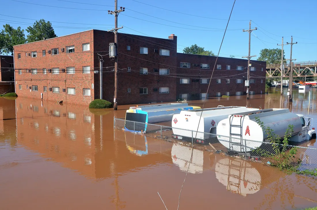 Flooding in Norristown PA from remains of Hurricane Ida. Norristown Riverfront Apartments at DeKalb Street near the Norristown SEPTA station