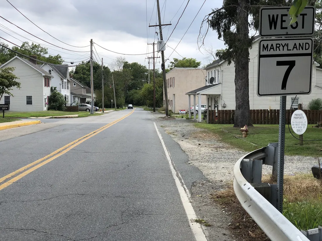 View west along Maryland State Route 7 (Cecil Avenue) just west of Maryland State Route 272 (Main Street) in North East, Cecil County, Maryland