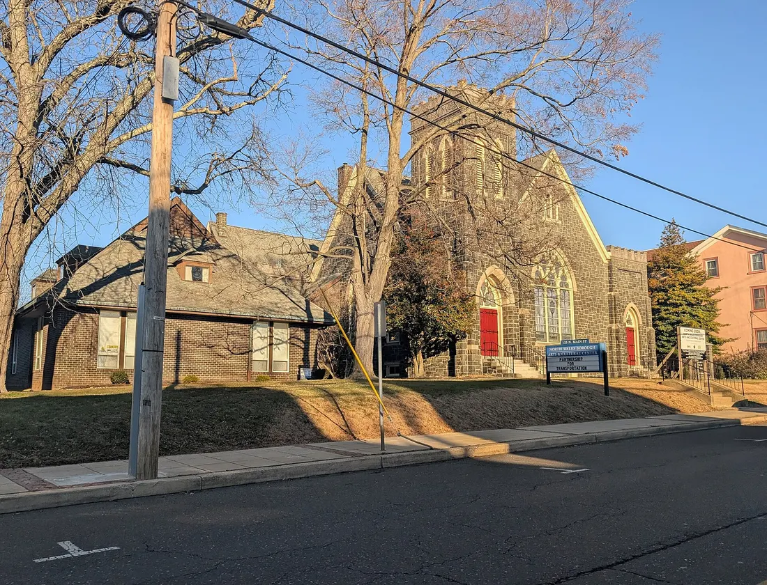 Photo of the North Wales Borough Arts and Cultural Center in North Wales, Pennsylvania. The building was previously St. Luke's United Church of Christ. Photo taken from North Main Street looking northeast.