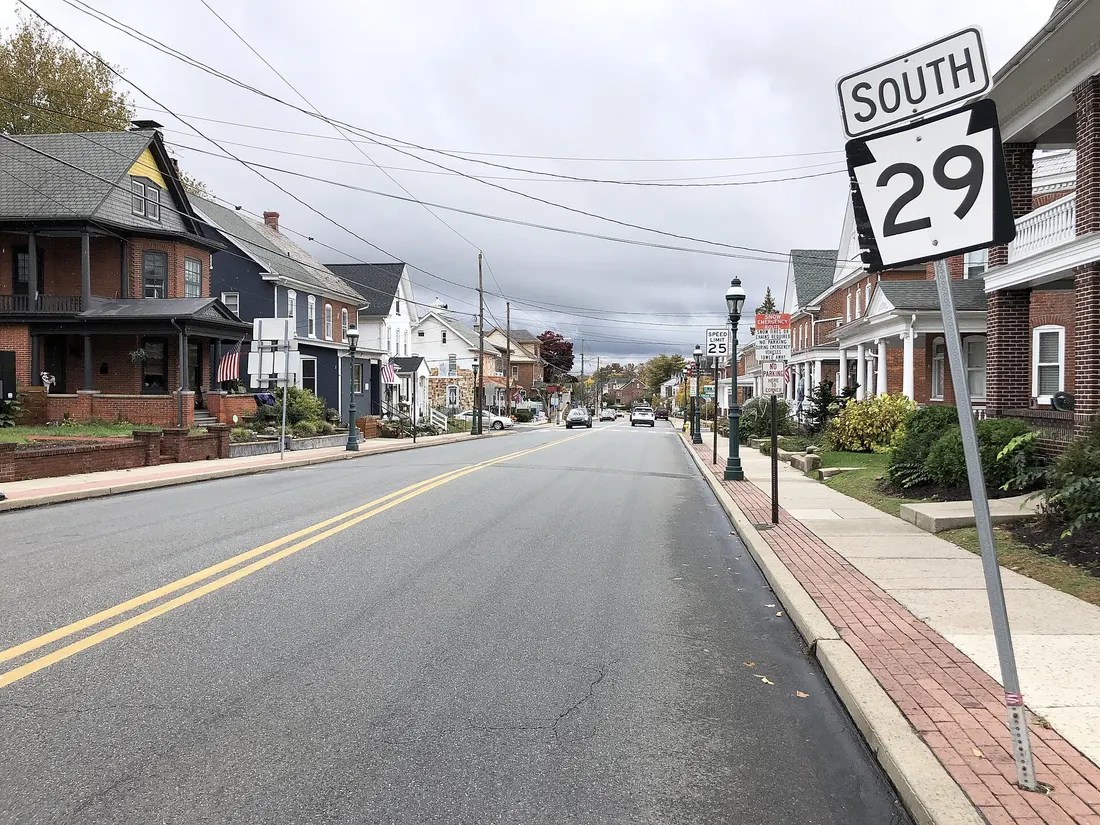 View south along Pennsylvania State Route 29 (Main Street) just south of Pennsylvania State Route 663 (Pottstown Avenue/Quakertown Avenue) in Pennsburg, Montgomery County, Pennsylvania