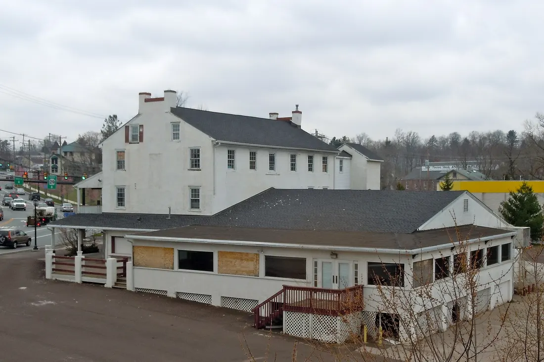 Perkiomen Bridge Hotel next to the Perkiomen Bridge, on the NRHP since January 3, 1985. Located at Main Street, a bit south of PA Route 29, Collegeville, Montgomery County, Pennsylvania.