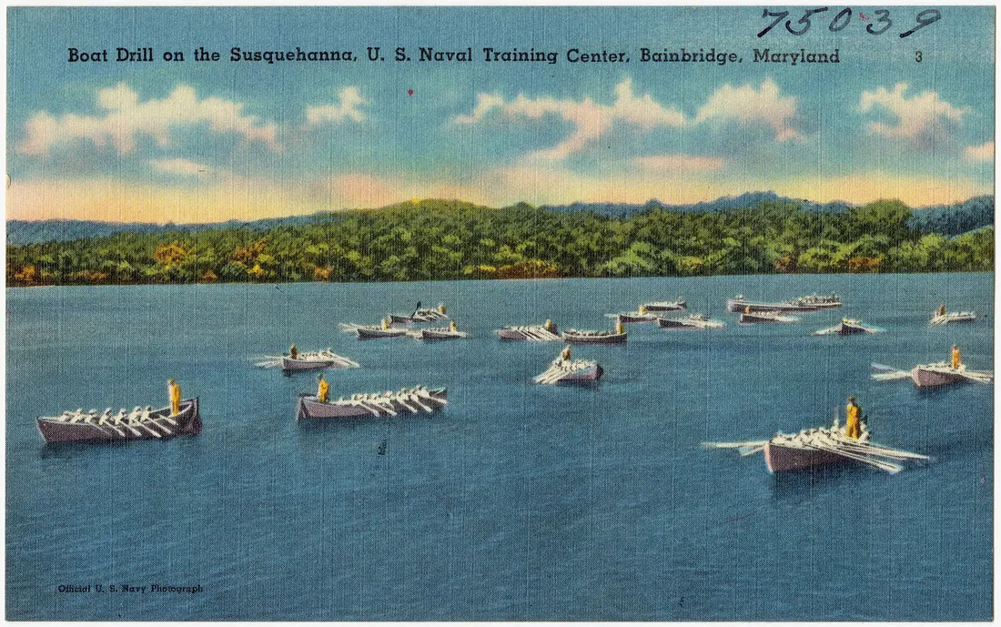 Title: Boat drill on the Susquehanna, U. S. Naval Training Center, Bainbridge, Maryland