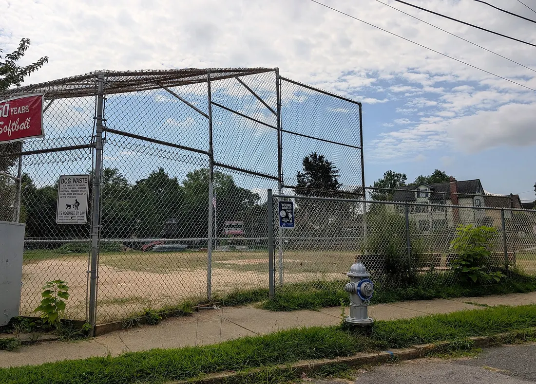 Photo of Triangle Park and Edward O. McGaughey Memorial Field in Rutledge, Pennsylvania. Photo taken from Waverly Terrace at Rutledge Avenue looking south-southeast.