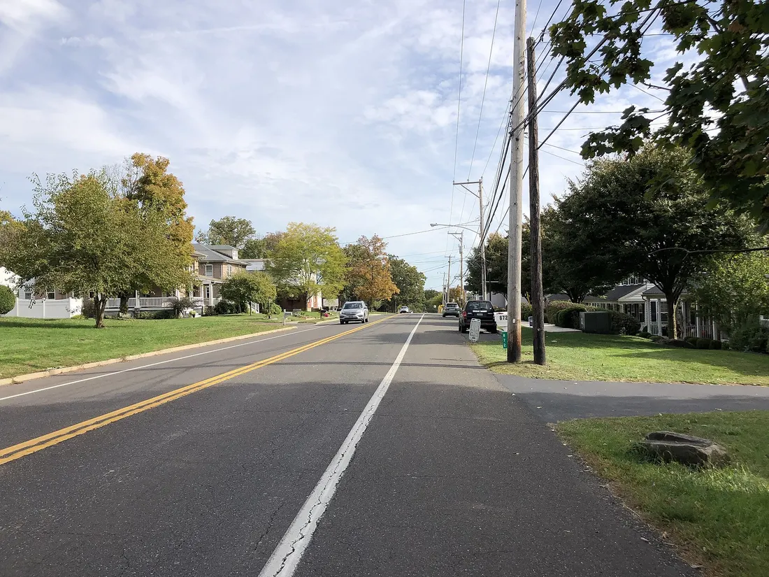 View east along Pennsylvania State Route 63 (Main Street) just east of Morwood Road in Lower Salford Township, Montgomery County, Pennsylvania