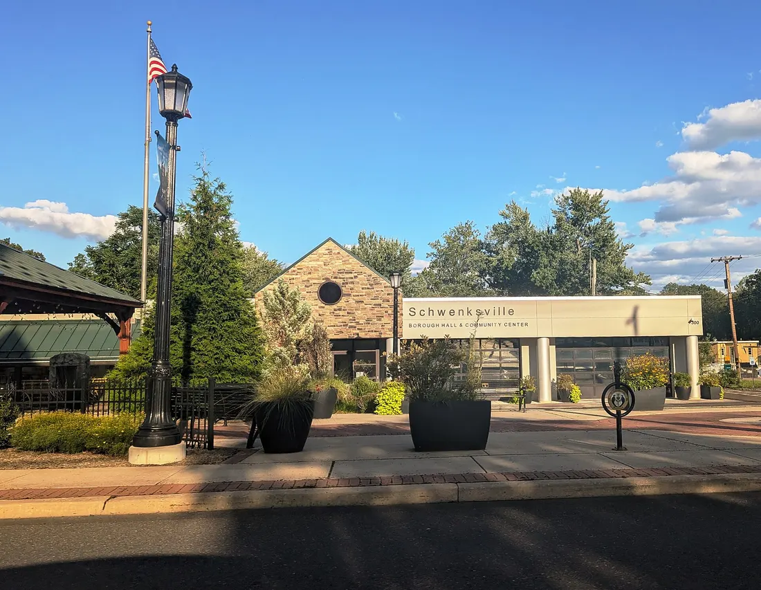Photo of the Schwenksville, Pennsylvania Borough Hall and Community Center. Photo taken from Pennsylvania Route 29 / PA 73 (Main Street) looking east.