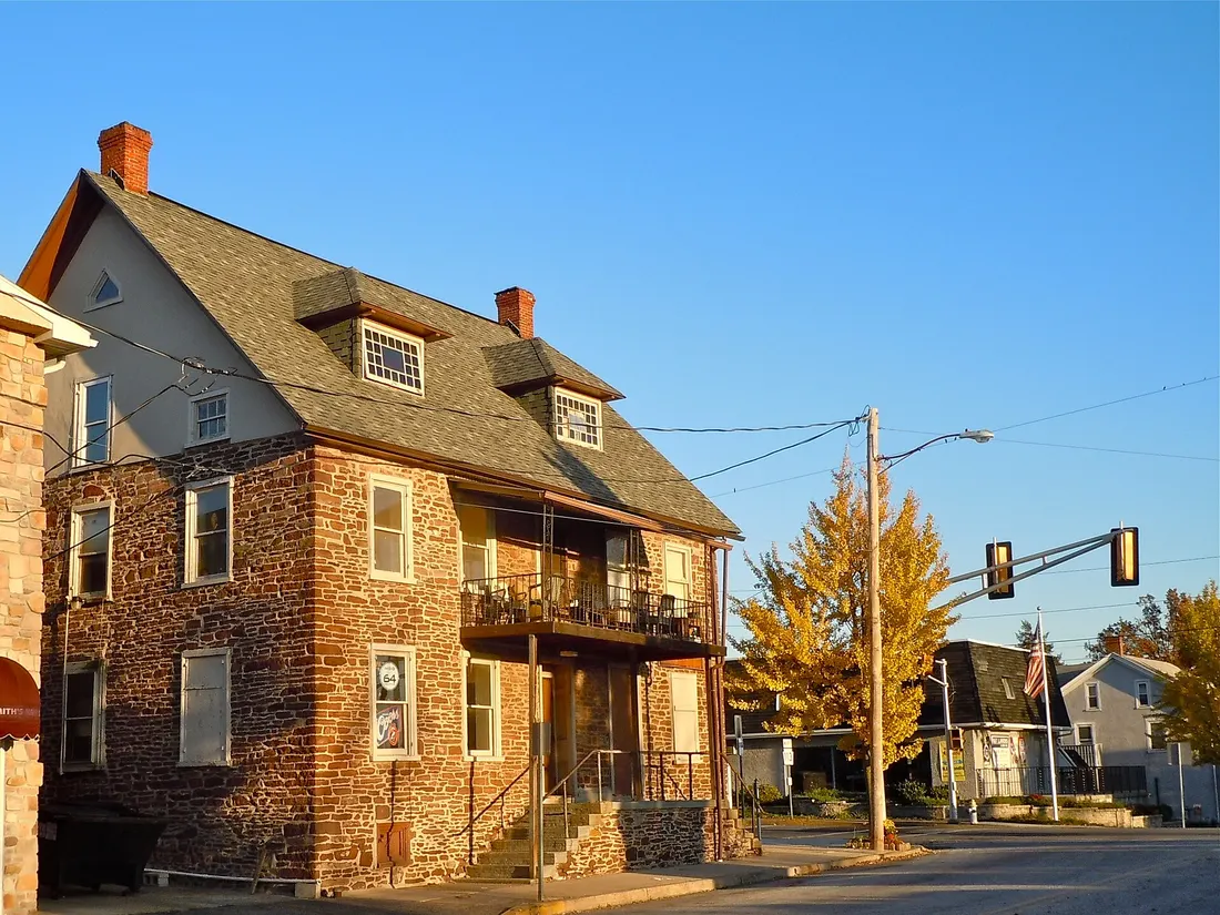 House at Front and Broad Streets in the Souderton Historic District, on the NRHP since June 10, 2011. The historic district is roughly bounded by Railroad Avenue, East Broad Street, Noble Street, Spruce Alley, South Fron