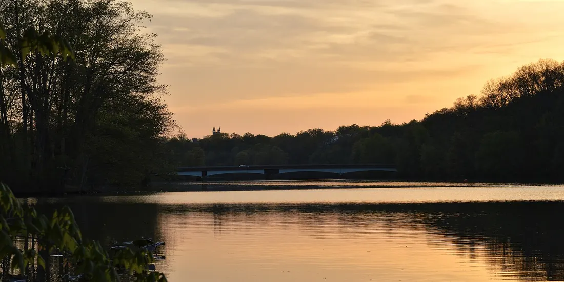 Lake Carnegie and South Harrison Street Bridge in Princeton, New Jersey, United States of America.