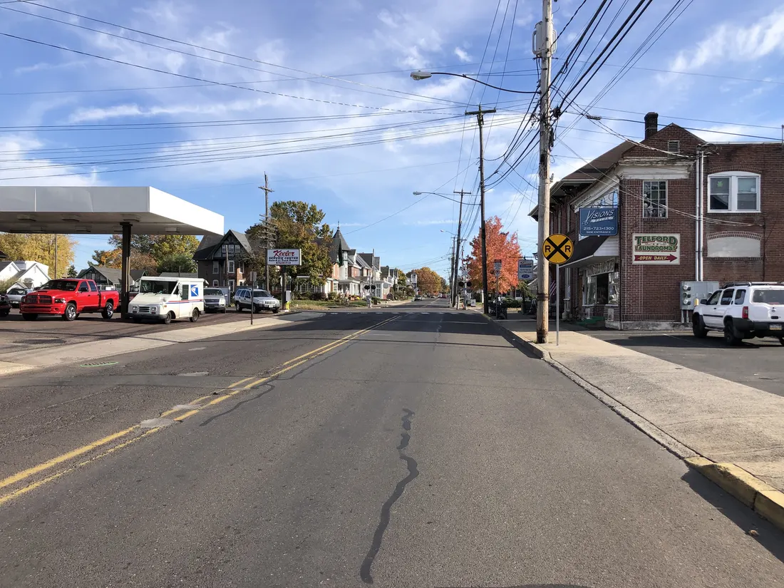 View southeast along Main Street just southeast of Broad Street in Telford, along the border of Bucks County and Montgomery County, in Pennsylvania