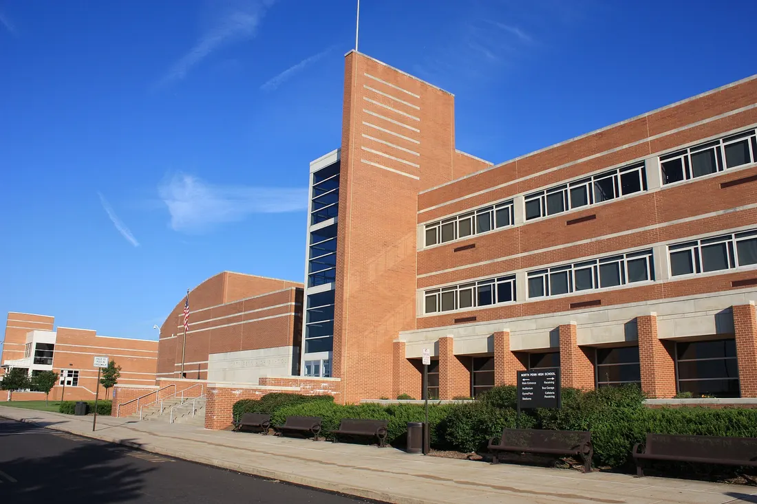 Front view of North Penn High School, a senior high school located in Towamencin Township, Montgomery County, Pennsylvania.