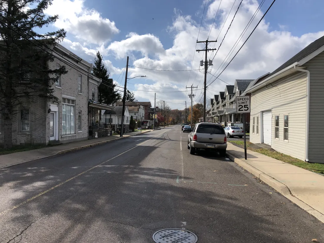 View southwest along Broad Street at Main Street in Trumbauersville, Bucks County, Pennsylvania