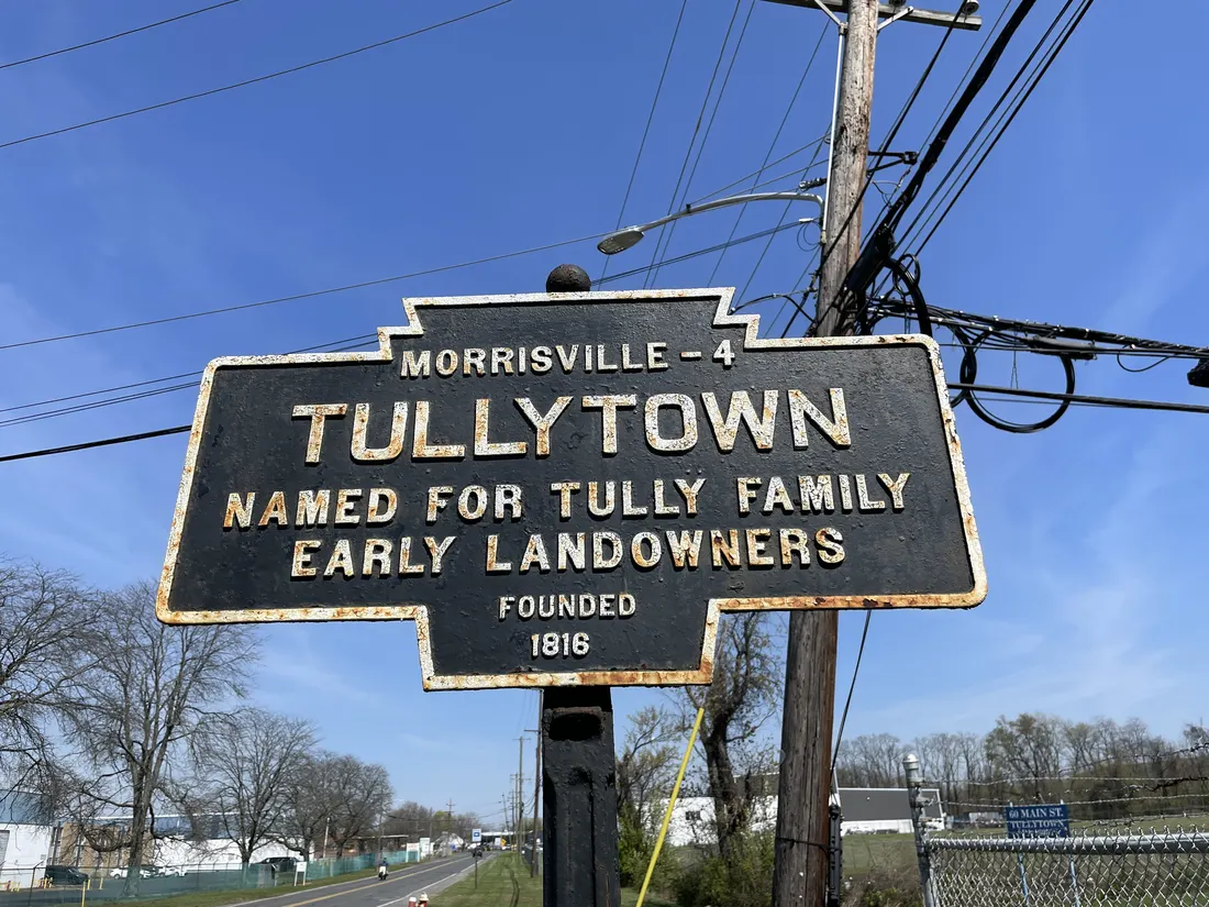 Keystone Marker for Tullytown, Pennsylvania, located on northbound Main Street