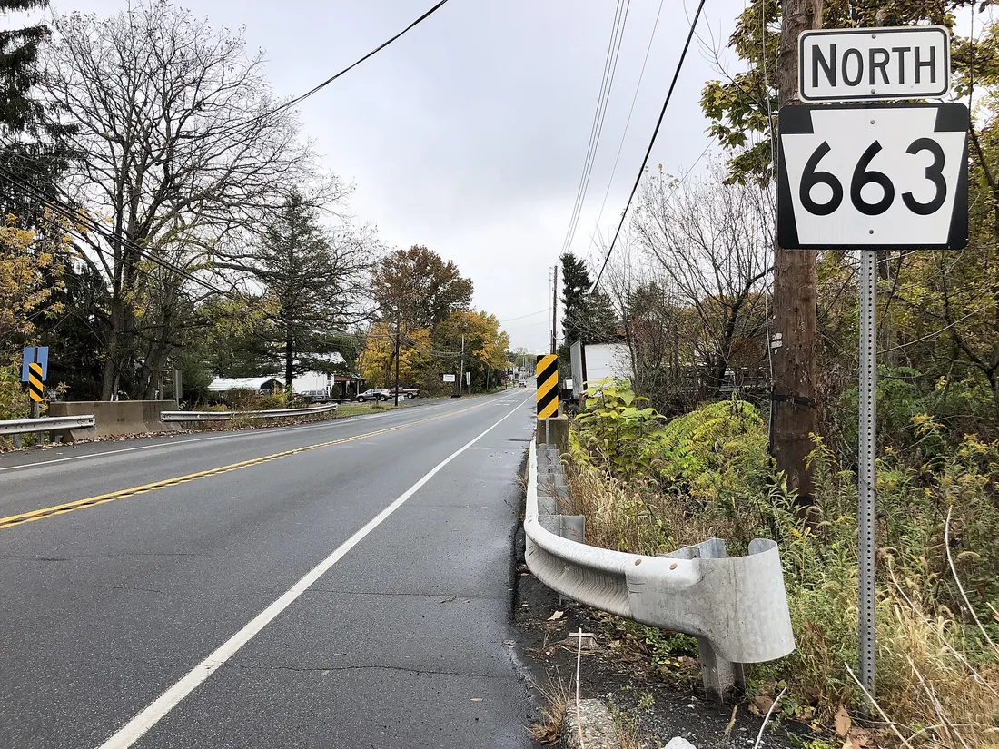 View north along Pennsylvania State Route 663 (Layfield Road) just north of Schoolhouse Road and Montgomery Avenue in Upper Hanover Township, Montgomery County, Pennsylvania