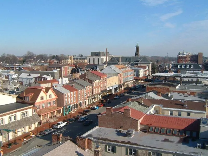 Town center of West Chester. View looks northeast along Market Street from Darlington Street. [Added by Nyttend: this block is included in the West Chester Downtown Historic District, which is listed on the National Regi
