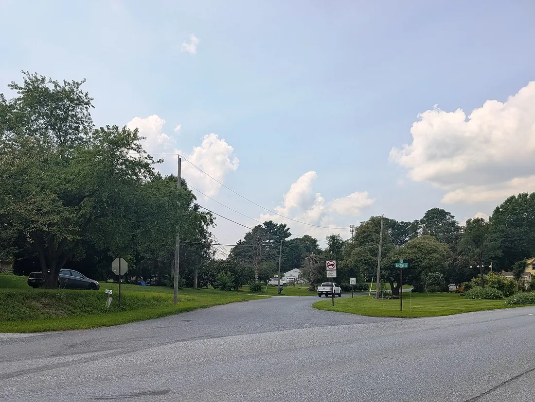 Photo of northbound Cochran Street in the village of Cochranville within West Fallowfield Township, Pennsylvania. Photo taken looking northwest from Pennsylvania Route 41 (Gap Newport Pike).
