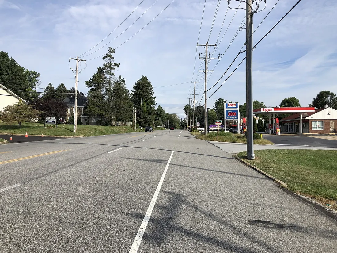 View west along U.S. Route 322 Business (Wilmington Pike/High Street) at East Rhodes Avenue in West Goshen Township, Chester County, Pennsylvania
