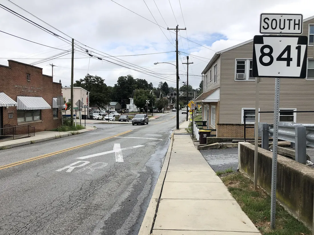 View south along Pennsylvania State Route 841 (Prospect Avenue) just south of Evergreen Street in West Grove, Chester County, Pennsylvania