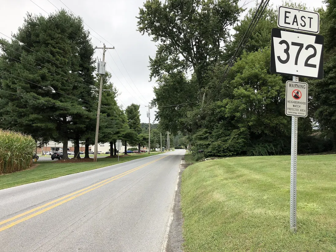 View east along Pennsylvania State Route 372 (Limestone Road) at West Fourth Street on the border of West Sadsbury Township and Parkesburg in Chester County, Pennsylvania