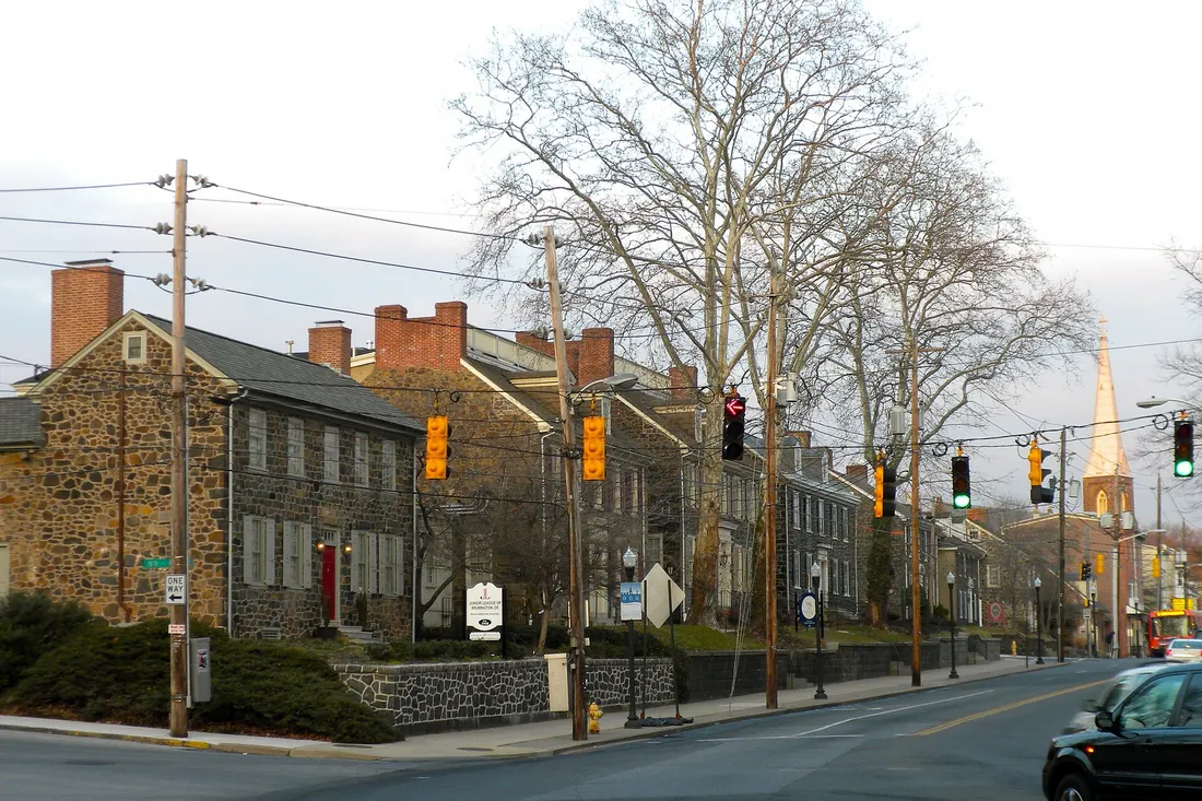 Brandywine Village Historic District in Wilmington, Delaware. On NRHP. This is the north side of Market Street taken from the Market Street Bridge across the Brandywine. HD roughly bounded by Brandywine Creek, Tatnall,