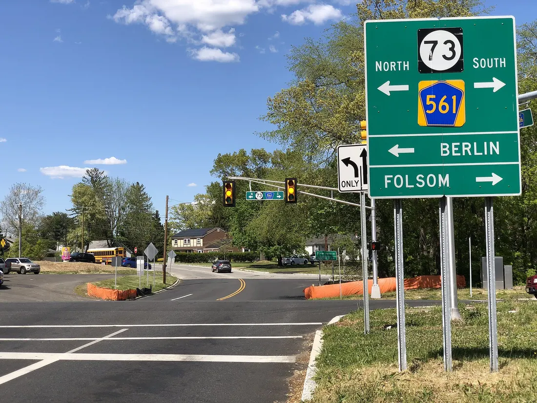 View east along Camden County Route 536 (Myers Avenue) at New Jersey State Route 73 and Camden County Route 561 in Winslow Township, Camden County, New Jersey