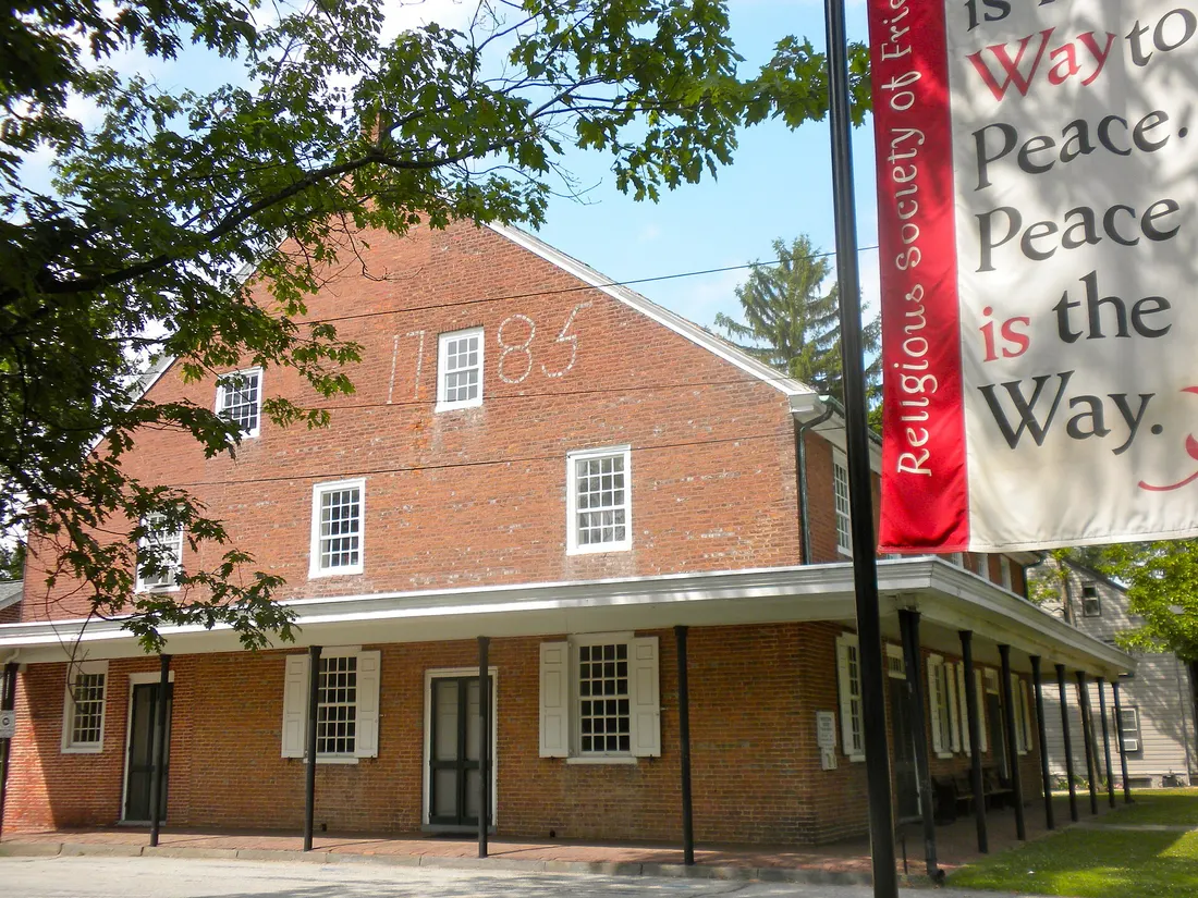 Woodstown, New Jersey Friends Meeting. A monthly meeting, one of the larger meetings of the Philadelphia Yearly Meeting. Building completed in 1785. Located at 104 North Main Street, Woodstown, NJ 08098-1226