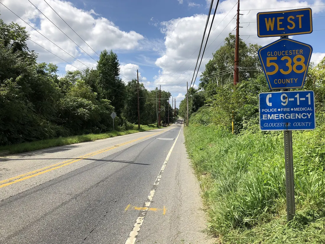 View west along Gloucester County Route 538 (Swedesboro-Franklinville Road) just west of High Street in Woolwich Township, Gloucester County, New Jersey