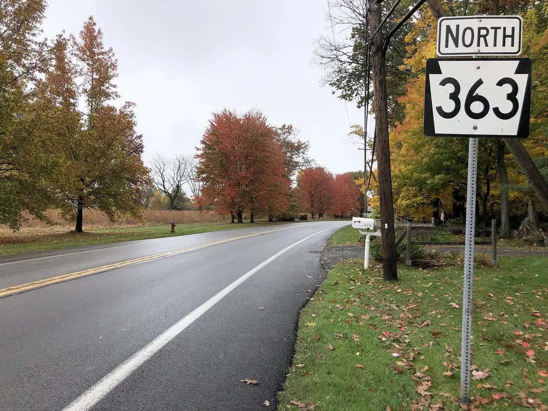 View north along Pennsylvania State Route 363 (Valley Forge Road) just north of Water Street Road in Worcester Township, Montgomery County, Pennsylvania