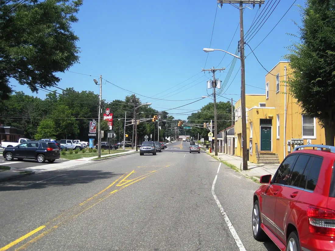 Photo showing the center of Wrightstown, New Jersey taken along westbound County Route 616 (East Main Street) between Railroad Avenue and Fort Dix Street (CR 545).