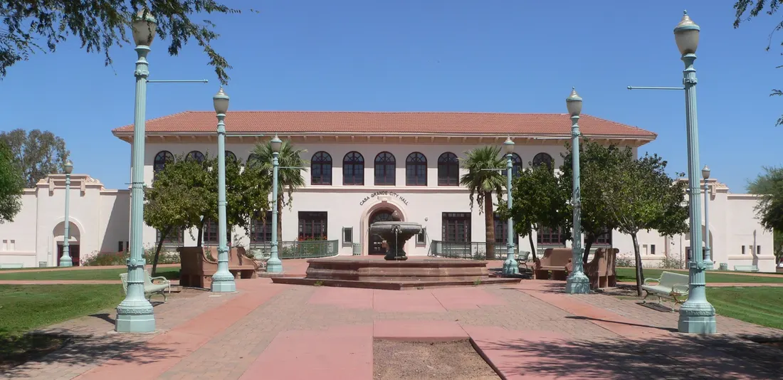 Casa Grande City Hall, formerly Casa Grande Union High School ("Old Main"), seen from Florence Boulevard.