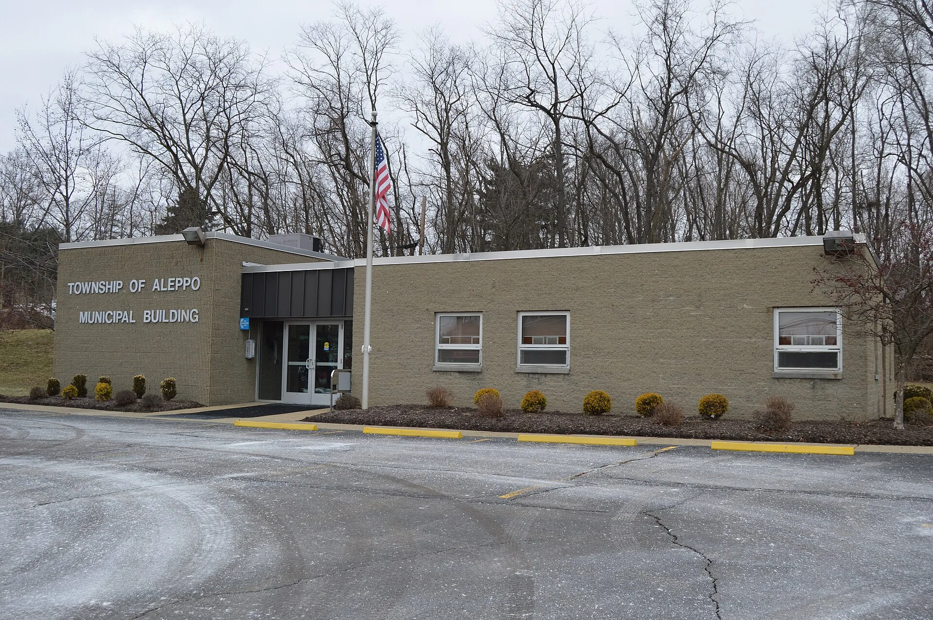 Front of the municipal office building (the town hall) for Aleppo Township , Allegheny County , Pennsylvania , United States , located at 100 North Drive.