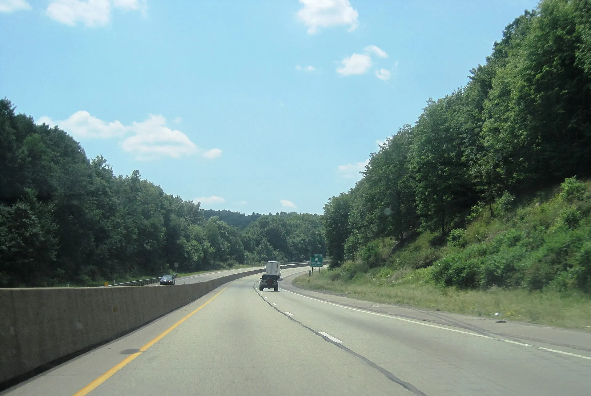 Photo of westbound Interstate 80 in Allegheny Township , Butler County , Pennsylvania . Photo taken looking southwest between the Emlenton Bridge and Squaw Valley Road.