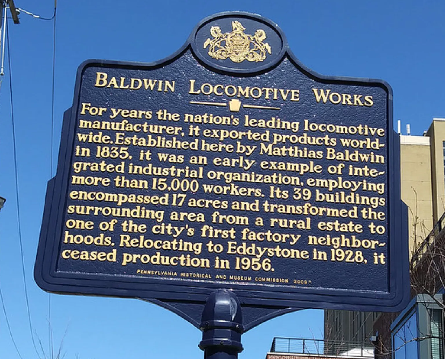 Pennsylvania State Historical Marker for the Baldwin Locomotive Works, placed at northwest corner of Matthias Baldwin Park